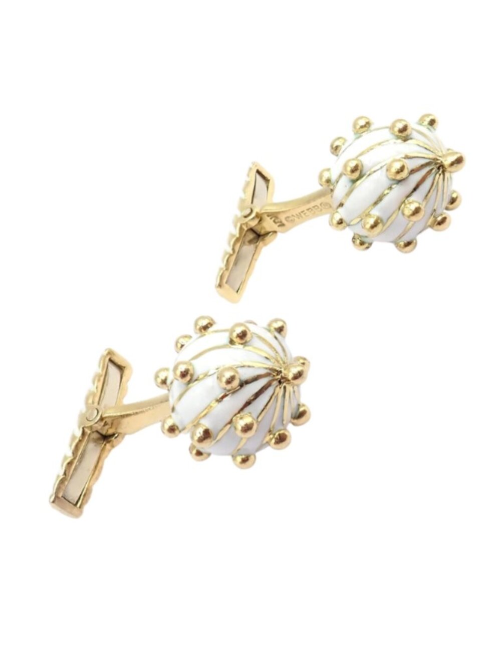 Vintage! David Webb 18k Yellow Gold White Enamel Ball Spike Cufflinks